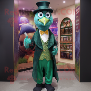 Forest Green Peacock mascot costume character dressed with a Waistcoat and Hat pins