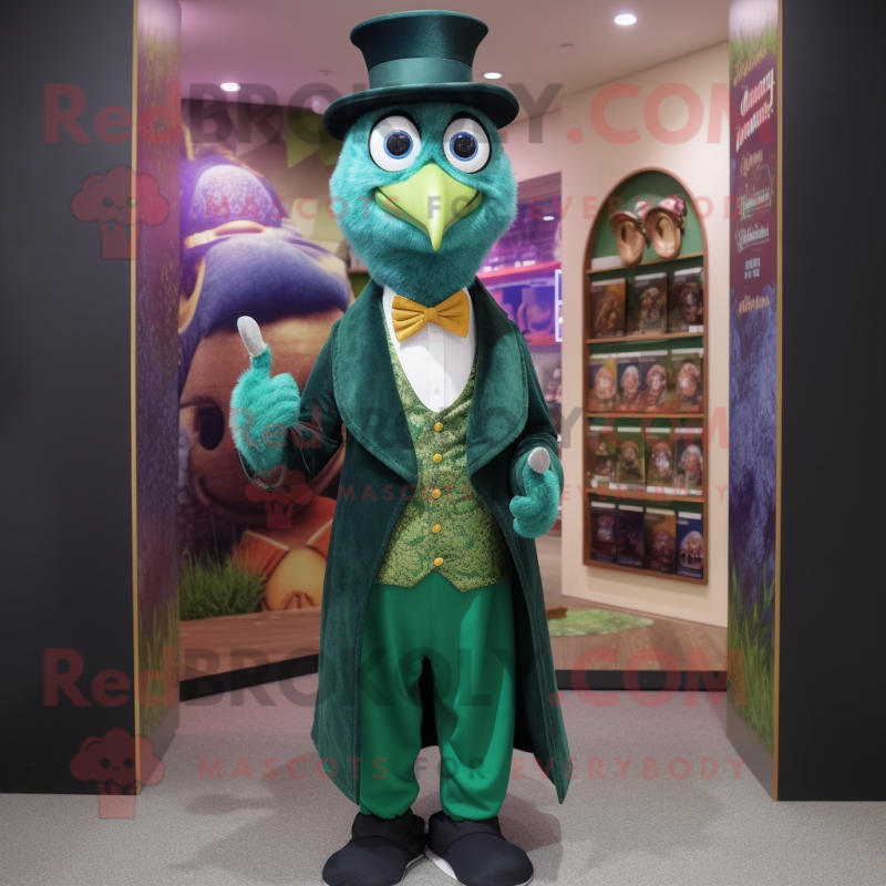 Forest Green Peacock mascot costume character dressed with a Waistcoat and Hat pins Forest Green Peacock mascot costume character dressed with a Waistcoat and Hat pins