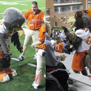 Mascota águila gris en ropa deportiva naranja y blanca -