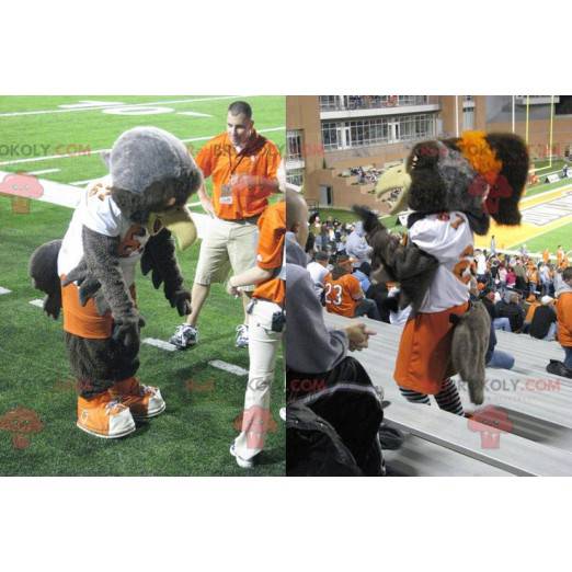 Gray eagle mascot in orange and white sportswear -