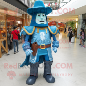 Cyan Medieval Knight mascot costume character dressed with a Jeans and Hats