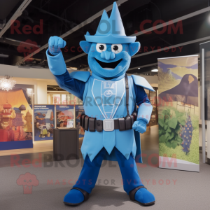 Cyan Medieval Knight mascot costume character dressed with a Jeans and Hats