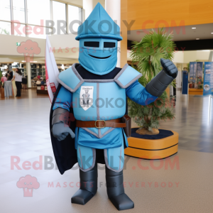 Cyan Medieval Knight mascot costume character dressed with a Jeans and Hats