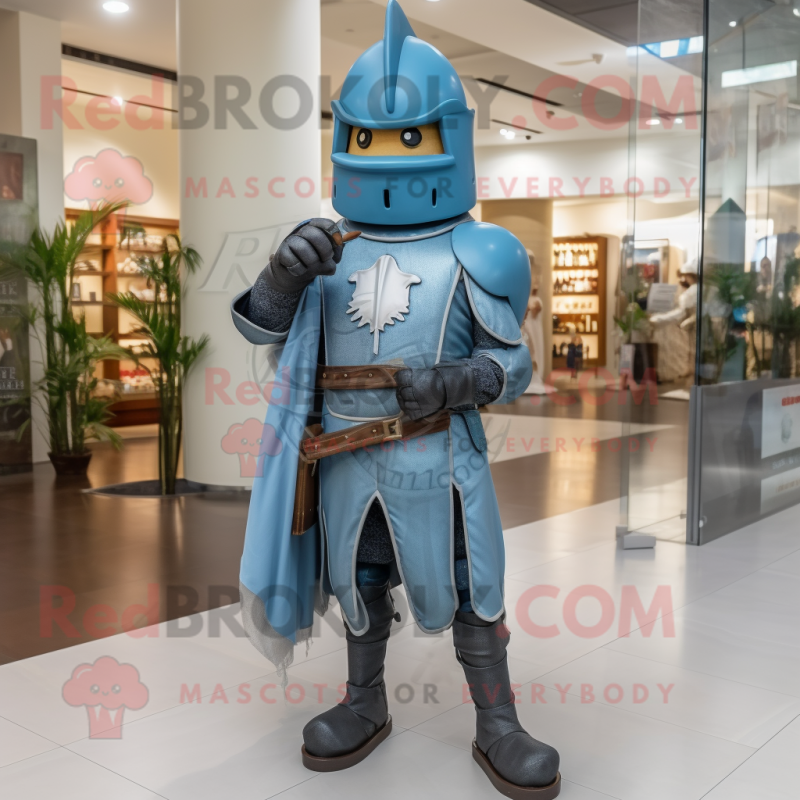 Cyan Medieval Knight mascot costume character dressed with a Jeans and Hats