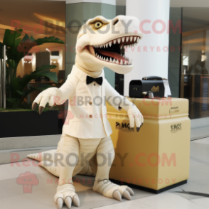 Cream Tyrannosaurus mascot costume character dressed with a Midi Dress and Clutch bags