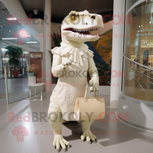 Cream Tyrannosaurus mascot costume character dressed with a Midi Dress and Clutch bags