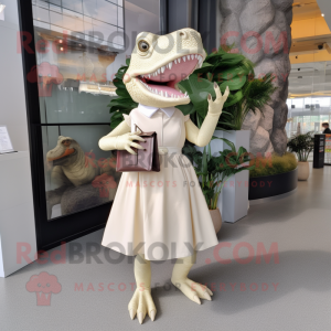 Cream Tyrannosaurus mascot costume character dressed with a Midi Dress and Clutch bags