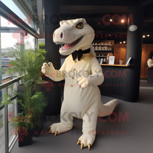 Cream Tyrannosaurus mascot costume character dressed with a Midi Dress and Clutch bags