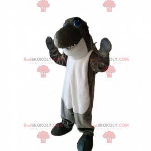 Super divertido mascote tubarão cinza e branco. Fantasia de