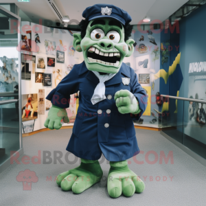 Navy Frankenstein'S Monster mascot costume character dressed with a Poplin Shirt and Anklets