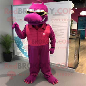 Magenta Crocodile mascot costume character dressed with a Jumpsuit and Reading glasses