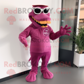 Magenta Crocodile mascot costume character dressed with a Jumpsuit and Reading glasses