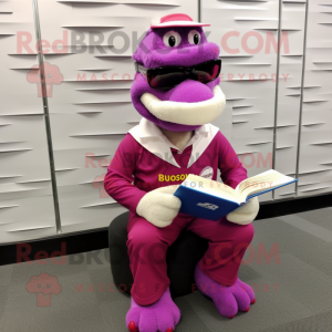 Magenta Crocodile mascot costume character dressed with a Jumpsuit and Reading glasses