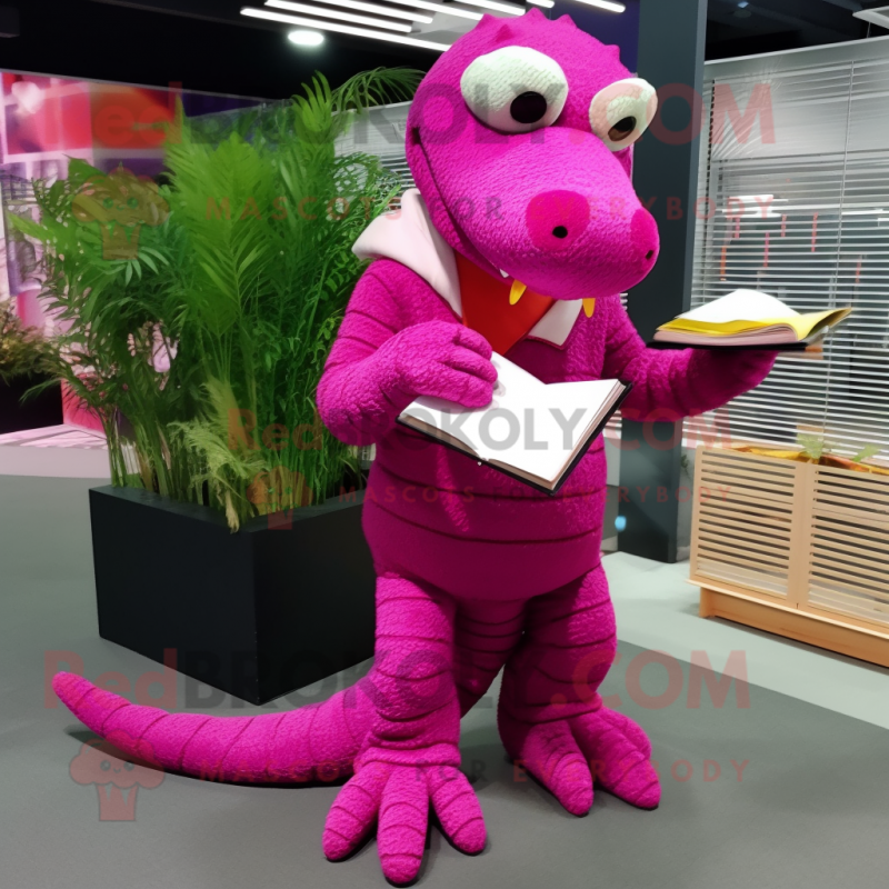 Magenta Crocodile mascot costume character dressed with a Jumpsuit and Reading glasses