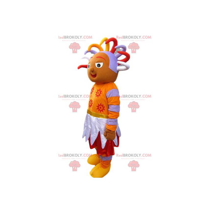 Orange Volkszeichen Maskottchen mit einer ursprünglichen Frisur