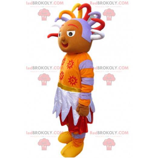 Orange Volkszeichen Maskottchen mit einer ursprünglichen Frisur