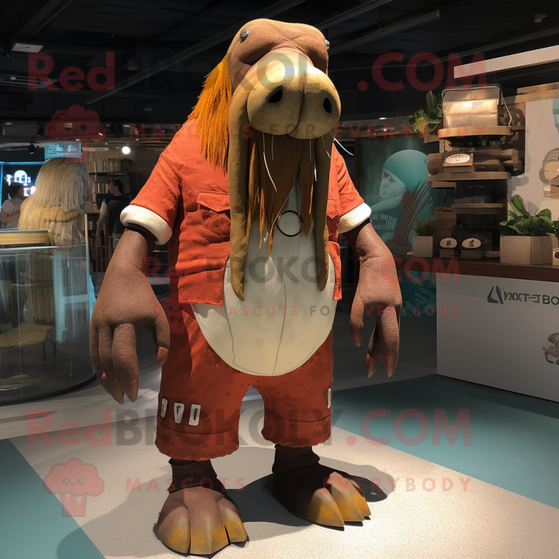 Rust Walrus mascot costume character dressed with a Shorts and Anklets Rust Walrus mascot costume character dressed with a Shorts and Anklets