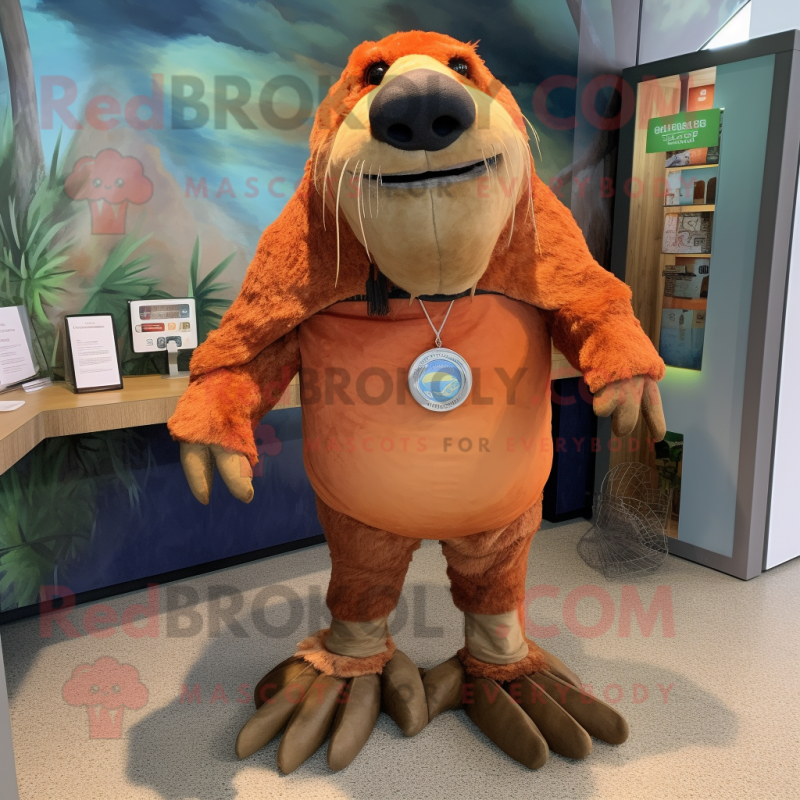 Rust Walrus mascot costume character dressed with a Shorts and Anklets Rust Walrus mascot costume character dressed with a Shorts and Anklets