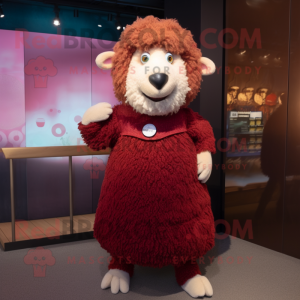 Maroon Sheep mascot costume character dressed with a A-Line Skirt and Earrings