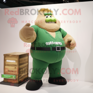 Forest Green Strongman mascot costume character dressed with a Cargo Pants and Lapel pins