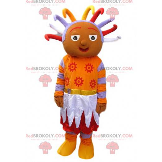 Orange Volkszeichen Maskottchen mit einer ursprünglichen Frisur