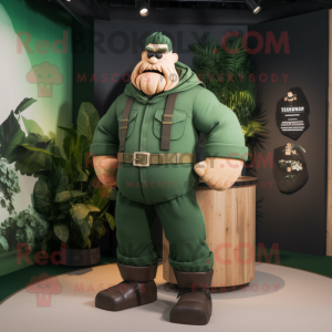 Forest Green Strongman mascot costume character dressed with a Cargo Pants and Lapel pins