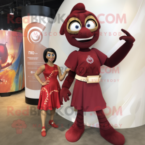 Maroon Acrobat mascot costume character dressed with a Wrap Dress and Watches