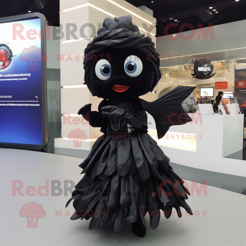 Black Goldfish mascot costume character dressed with a Pleated Skirt and Smartwatches