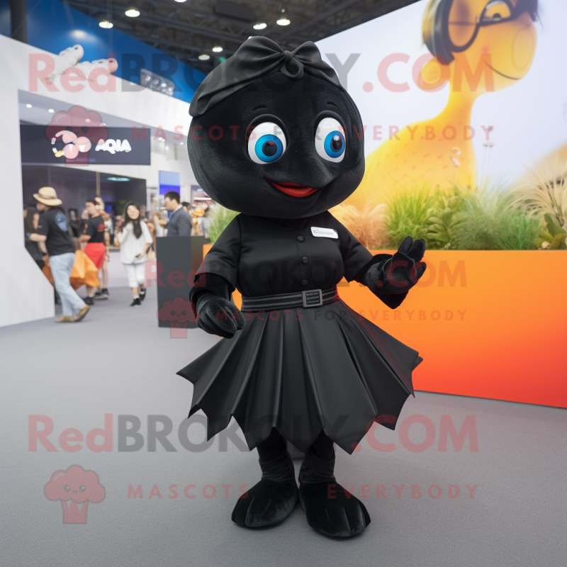 Black Goldfish mascot costume character dressed with a Pleated Skirt and Smartwatches