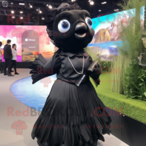 Black Goldfish mascot costume character dressed with a Pleated Skirt and Smartwatches