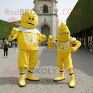 Lemon Yellow Swiss Guard mascot costume character dressed with a Jumpsuit and Anklets