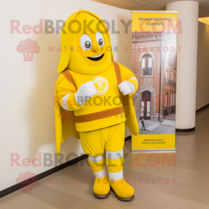 Lemon Yellow Swiss Guard mascot costume character dressed with a Jumpsuit and Anklets