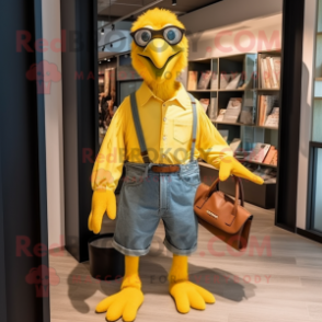 Yellow Crow mascot costume character dressed with a Oxford Shirt and Handbags