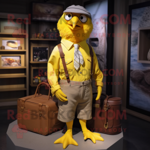 Yellow Crow mascot costume character dressed with a Oxford Shirt and Handbags