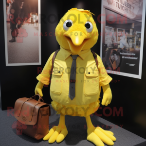 Yellow Crow mascot costume character dressed with a Oxford Shirt and Handbags