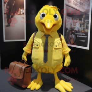 Yellow Crow mascot costume character dressed with a Oxford Shirt and Handbags
