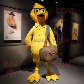 Yellow Crow mascot costume character dressed with a Oxford Shirt and Handbags