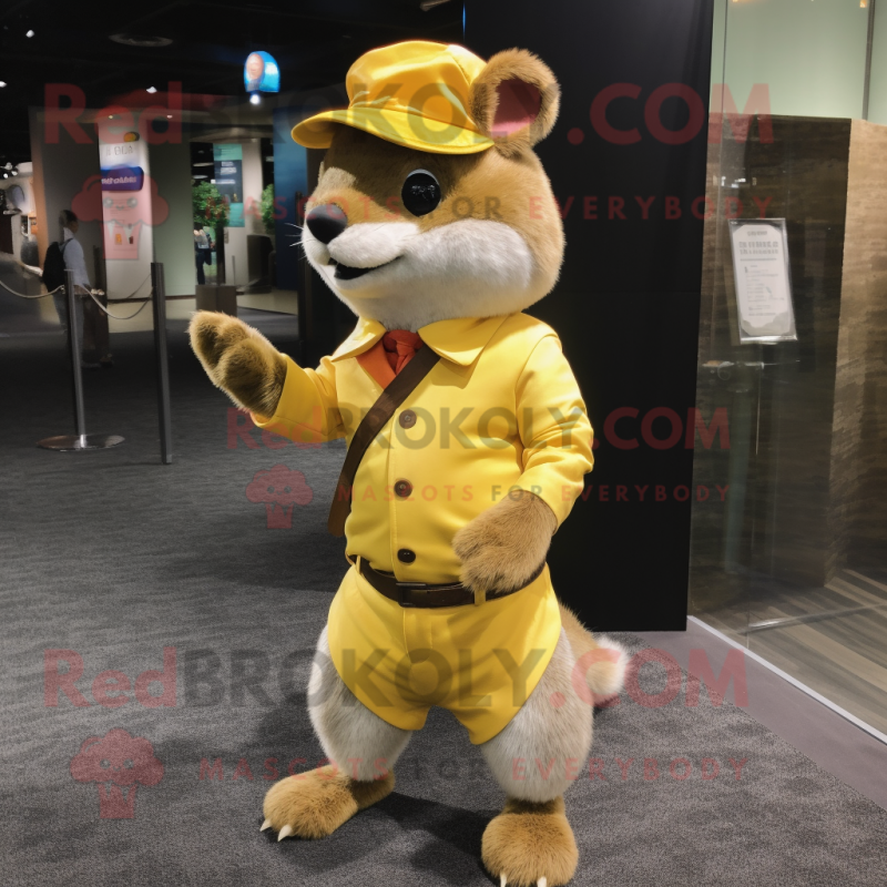 Yellow Flying Squirrel mascot costume character dressed with a Dress Pants and Hat pins