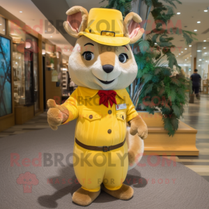 Yellow Flying Squirrel mascot costume character dressed with a Dress Pants and Hat pins