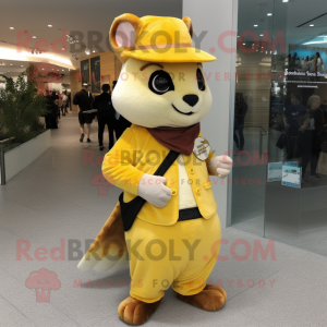 Yellow Flying Squirrel mascot costume character dressed with a Dress Pants and Hat pins