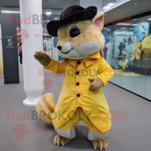 Yellow Flying Squirrel mascot costume character dressed with a Dress Pants and Hat pins