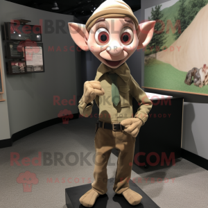 Tan Elf mascot costume character dressed with a Henley Tee and Lapel pins