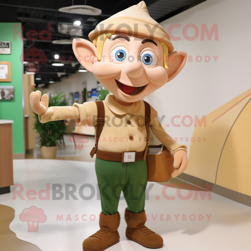 Tan Elf mascot costume character dressed with a Henley Tee and Lapel pins