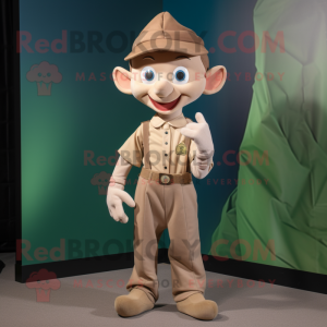 Tan Elf mascot costume character dressed with a Henley Tee and Lapel pins