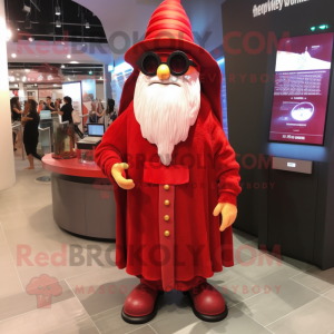 Red Wizard mascot costume character dressed with a Henley Tee and Eyeglasses