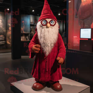 Red Wizard mascot costume character dressed with a Henley Tee and Eyeglasses