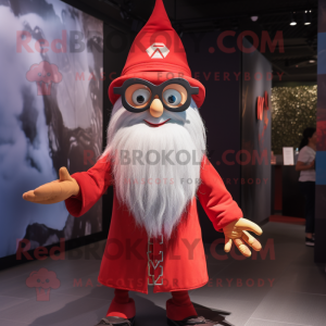 Red Wizard mascot costume character dressed with a Henley Tee and Eyeglasses