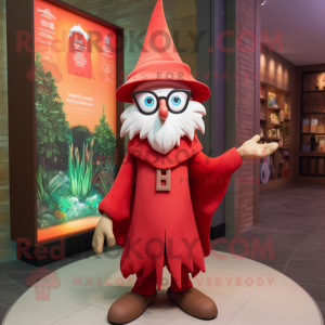 Red Wizard mascot costume character dressed with a Henley Tee and Eyeglasses