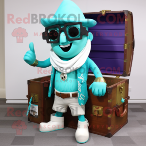 Cyan Treasure Chest mascot costume character dressed with a Cardigan and Sunglasses