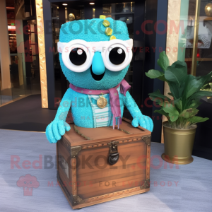 Cyan Treasure Chest mascot costume character dressed with a Cardigan and Sunglasses